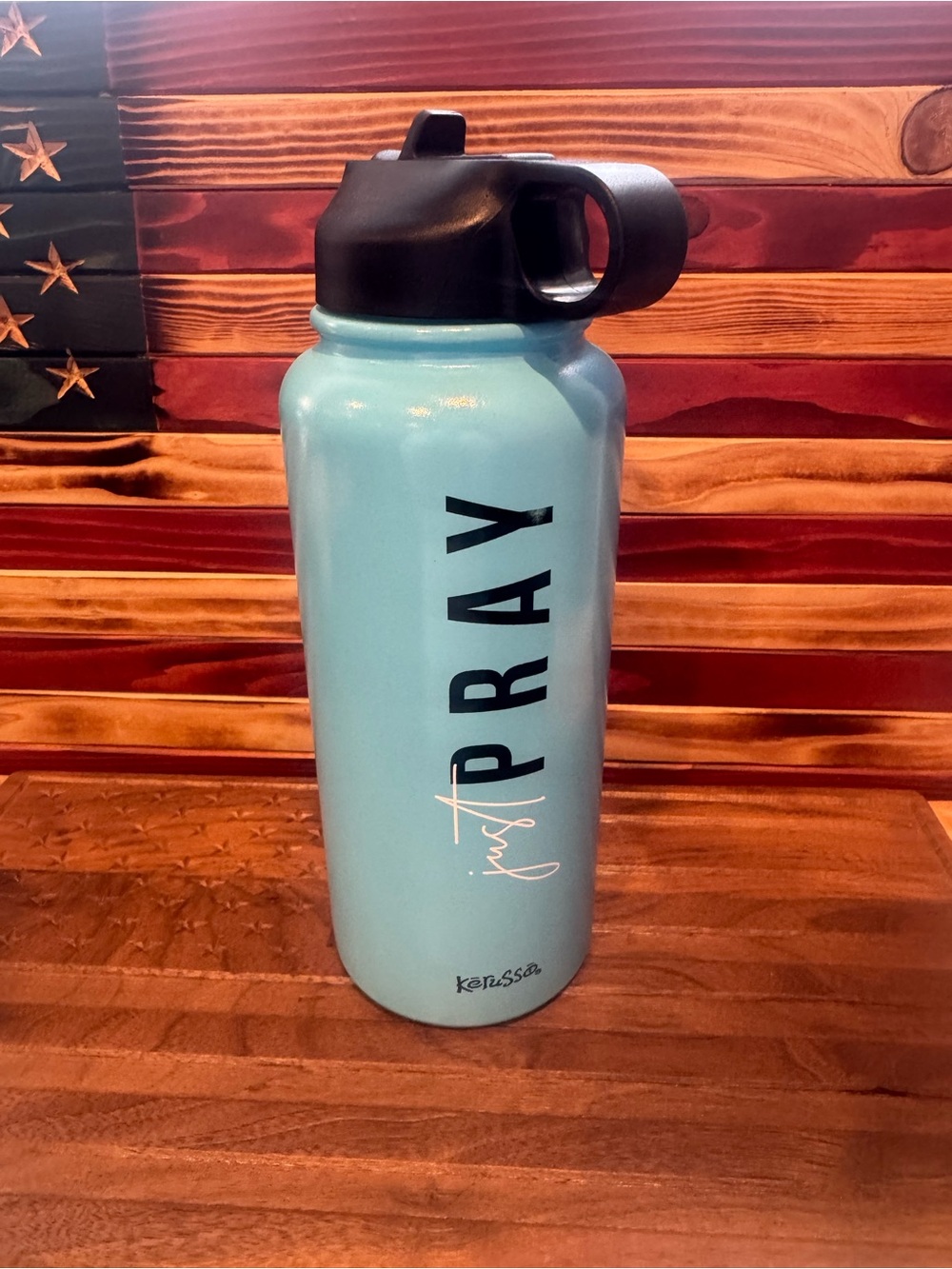 Light Blue 'Just Pray' Insulated Travel Mug with Flip Lid